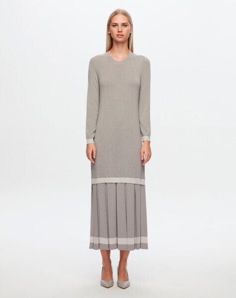 T24Y-4010 Üst Kısmı Düz Plise Detaylı Elbise 1381-DARK GREY - MISS DALIDA (1)