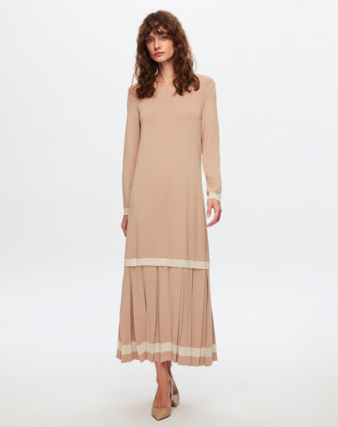 T24Y-4010 Üst Kısmı Düz Plise Detaylı Elbise 1515-CAMEL - 1