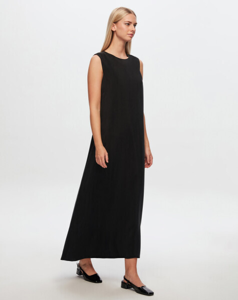 T24Y-4011 Düz Renk Kolsuz Keten Elbise BLACK 