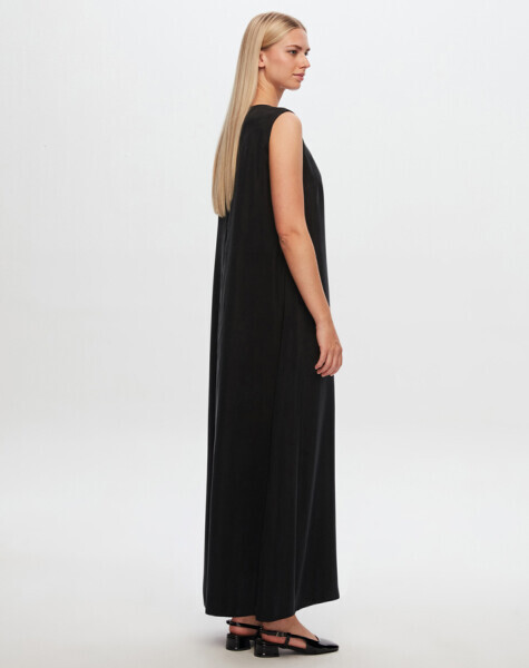 T24Y-4011 Düz Renk Kolsuz Keten Elbise BLACK - 2