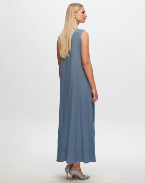 T24Y-4011 Düz Renk Kolsuz Keten Elbise BLUE - 2