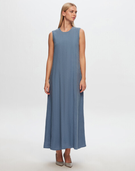T24Y-4011 Düz Renk Kolsuz Keten Elbise BLUE 