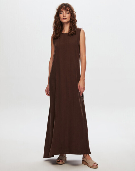T24Y-4011 Düz Renk Kolsuz Keten Elbise CACAO 