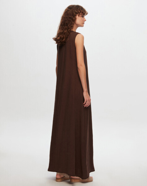 T24Y-4011 Düz Renk Kolsuz Keten Elbise CACAO - 2