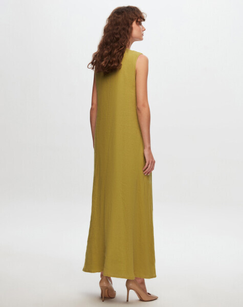 T24Y-4011 Düz Renk Kolsuz Keten Elbise OLİVE - 2