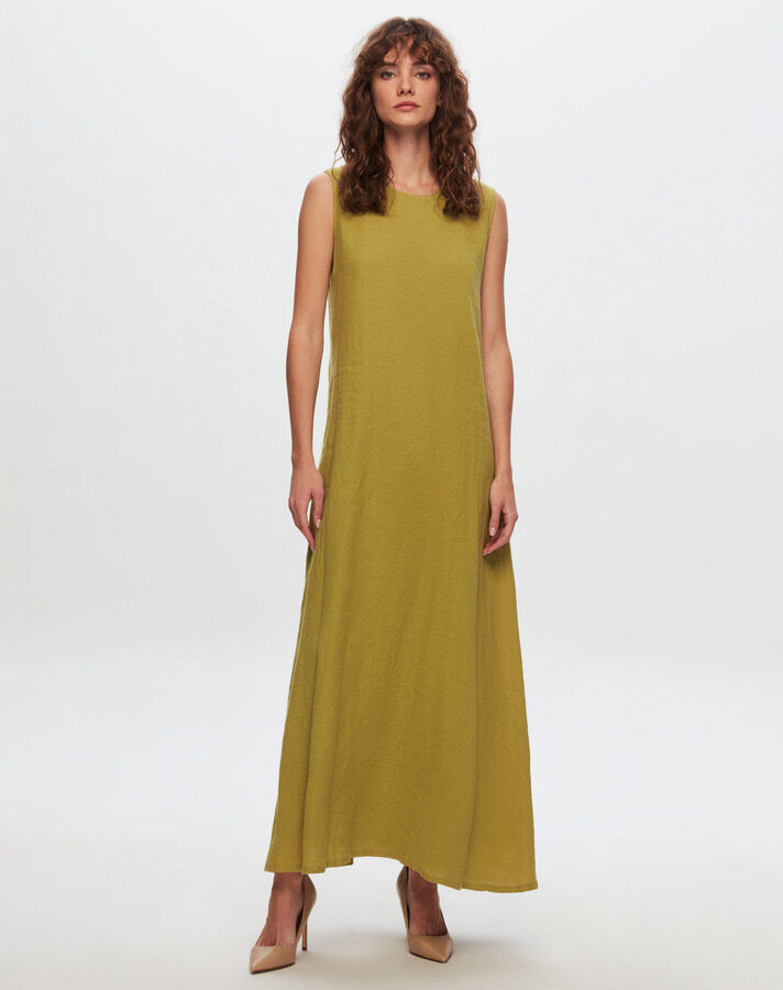 T24Y-4011 Solid Color Sleeveless Linen Dress - 1