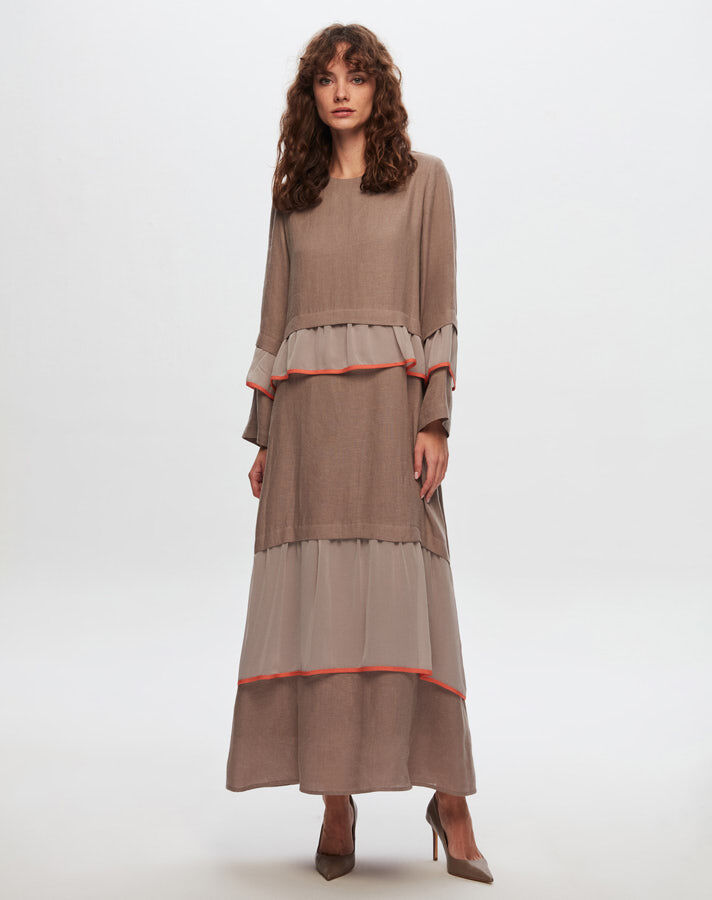 T24Y-4012 Linen Chiffon Ruffle Detailed Dress - 1