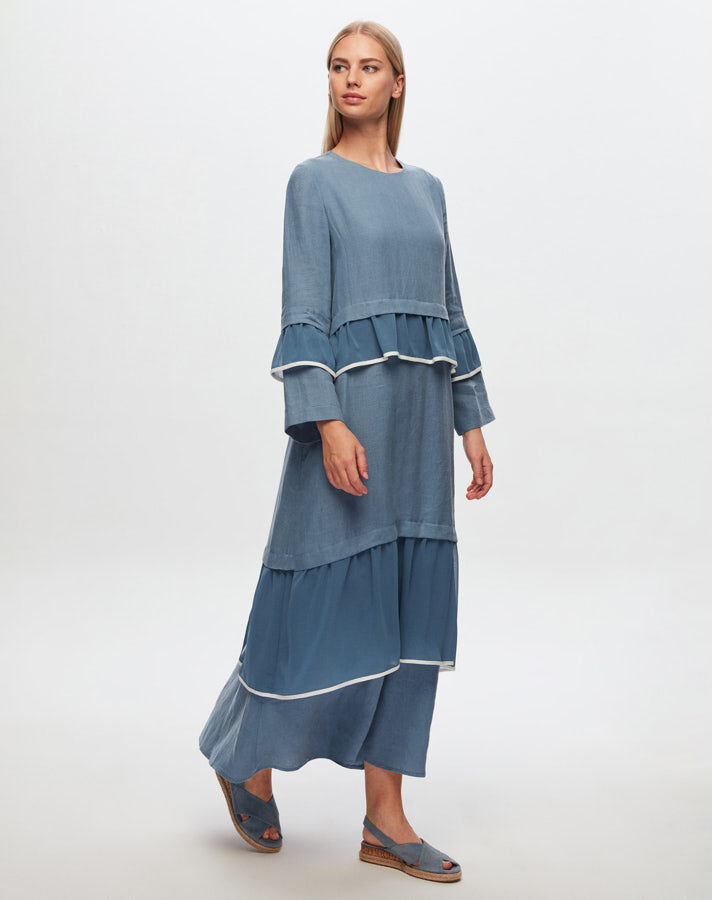 T24Y-4012 Linen Chiffon Ruffle Detailed Dress - 3