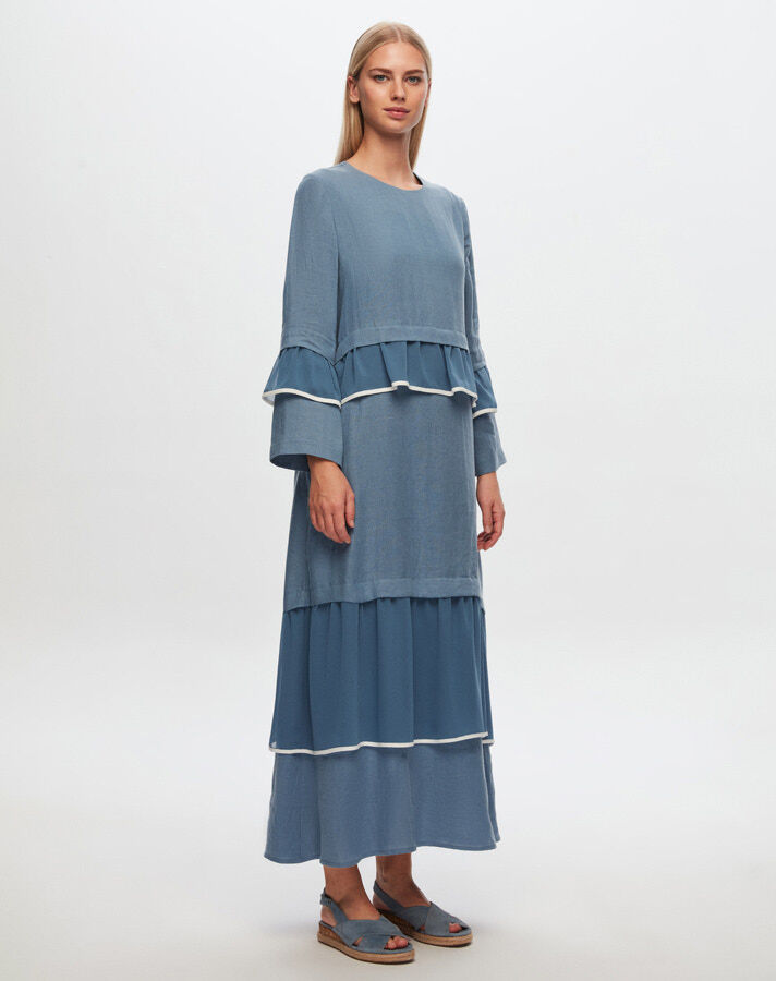 T24Y-4012 Linen Chiffon Ruffle Detailed Dress - 4