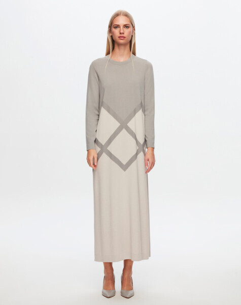 T24Y-4013 İri Baklava Desenli Triko Elbise 1398-LIGHT GREY 