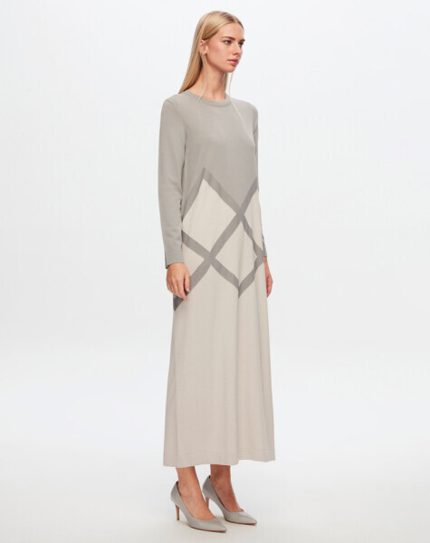 T24Y-4013 İri Baklava Desenli Triko Elbise 1398-LIGHT GREY - 2