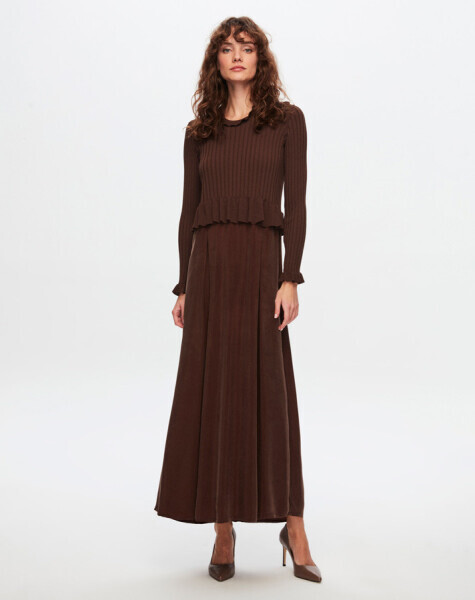 T24Y-4014 Bileği Fırfırlı Triko Elbise 1084-CACAO - 2