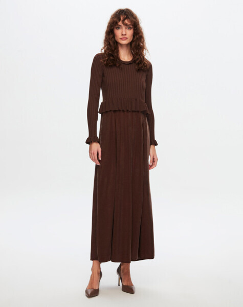 T24Y-4014 Bileği Fırfırlı Triko Elbise 1084-CACAO 