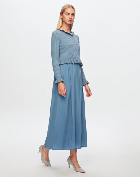 T24Y-4014 Bileği Fırfırlı Triko Elbise 1236-BLUE - 2