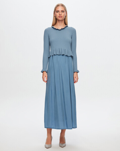 T24Y-4014 Bileği Fırfırlı Triko Elbise 1236-BLUE - 1