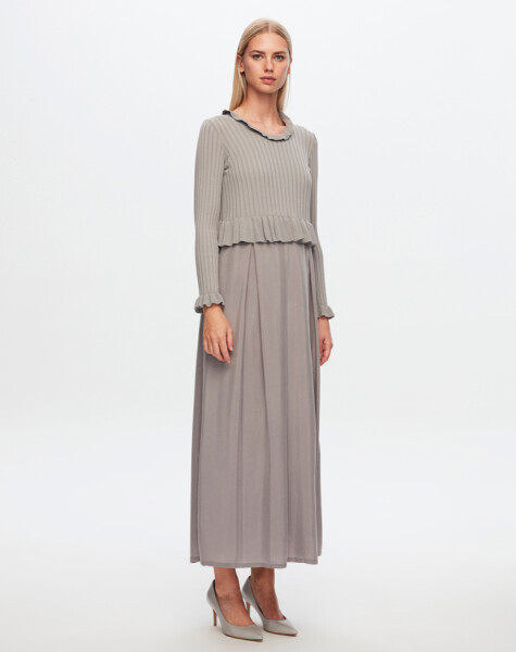 T24Y-4014 Bileği Fırfırlı Triko Elbise 1381-DARK GREY 