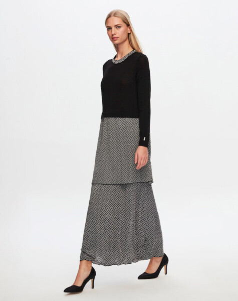 T24Y-4015 Zigzag Desenli Triko Elbise BLACK / GREY 