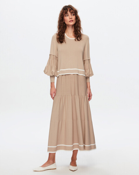 T24Y-4017 Balon Kol Detaylı Uzun Triko Elbise 1052-BEİGE - 1