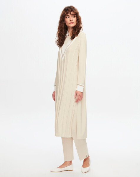 T24Y-4020 V Yaka Saç Örgü Detaylı Elbise 1245-STONE - 2