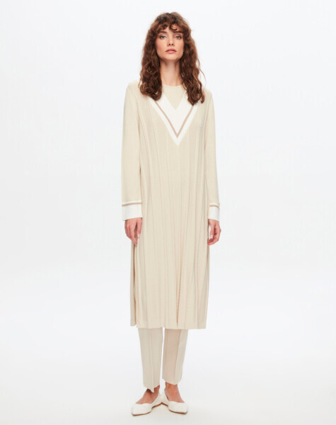 T24Y-4020 V Yaka Saç Örgü Detaylı Elbise 1245-STONE 