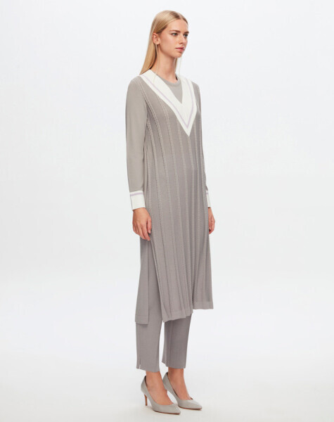 T24Y-4020 V Yaka Saç Örgü Detaylı Elbise 1381-DARK GREY 