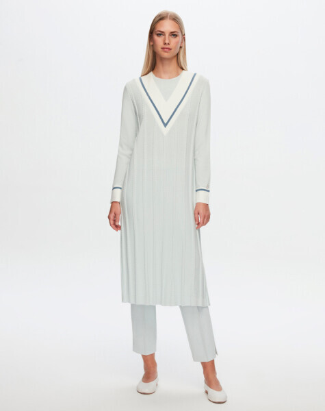 T24Y-4020 V Yaka Saç Örgü Detaylı Elbise 1398-LIGHT GREY 