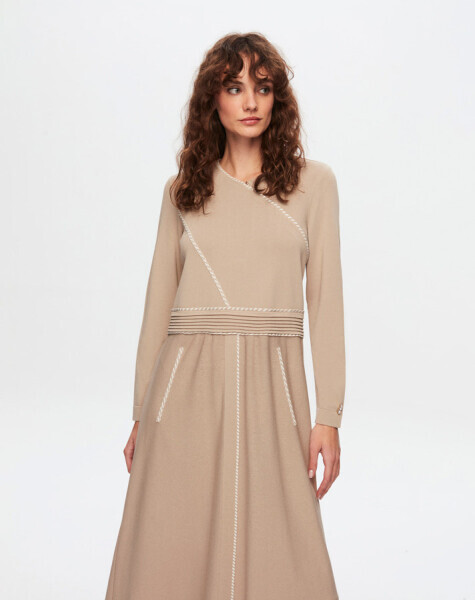 T24Y-4021 Bel Kısmı Bekletme Detaylı Elbise 1052-BEİGE - 1