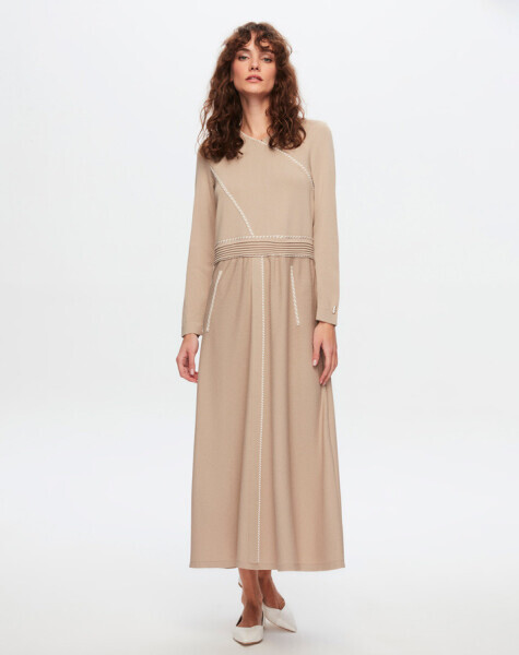 T24Y-4021 Bel Kısmı Bekletme Detaylı Elbise 1052-BEİGE - 3