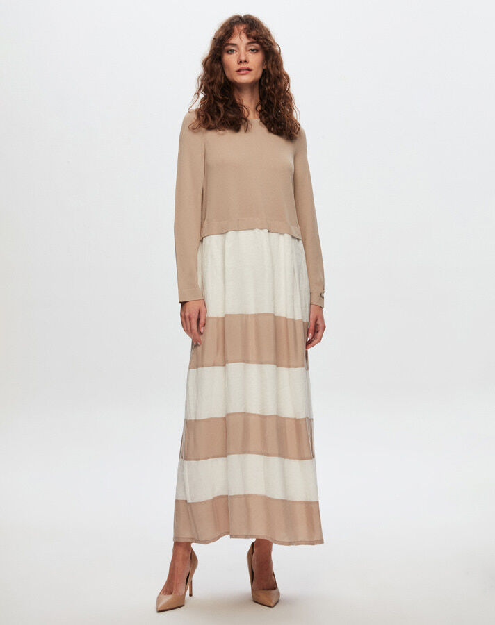 T24Y-4023 Cupro Striped Knitwear Linen Long Dress - 1