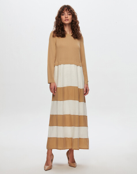 T24Y-4023 Cupro Striped Knitwear Linen Long Dress - 3