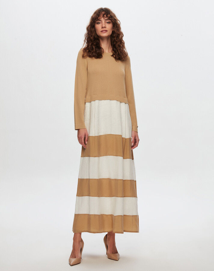 T24Y-4023 Cupro Striped Knitwear Linen Long Dress - 3