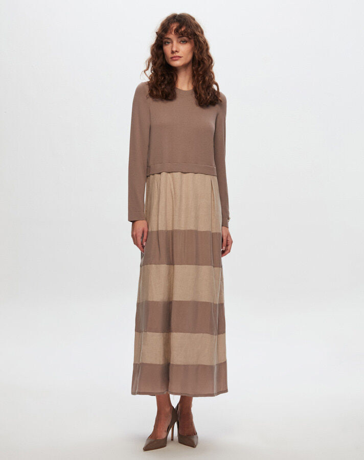 T24Y-4023 Cupro Striped Knitwear Linen Long Dress - 5