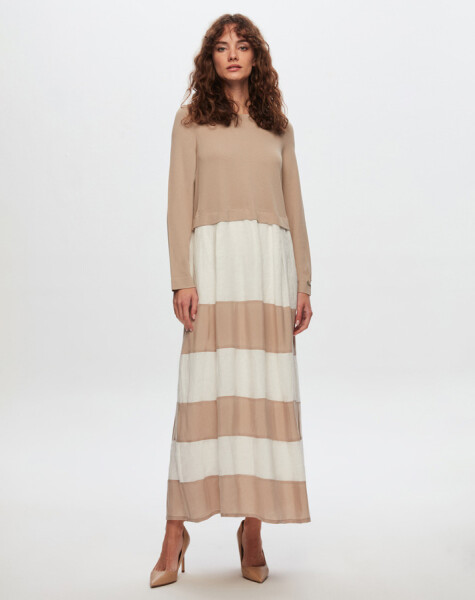 T24Y-4023 Cupro Striped Knitwear Linen Long Dress - 3