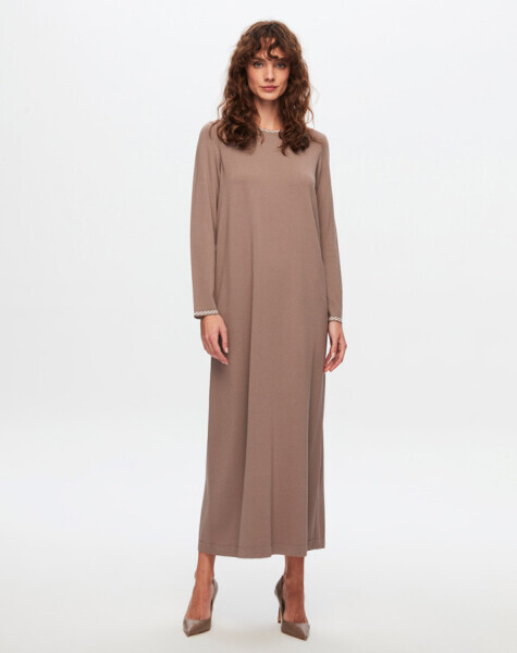 T24Y-4025 Yakası Ve Bileği Desenli Triko Elbise 002-MİNK - 1