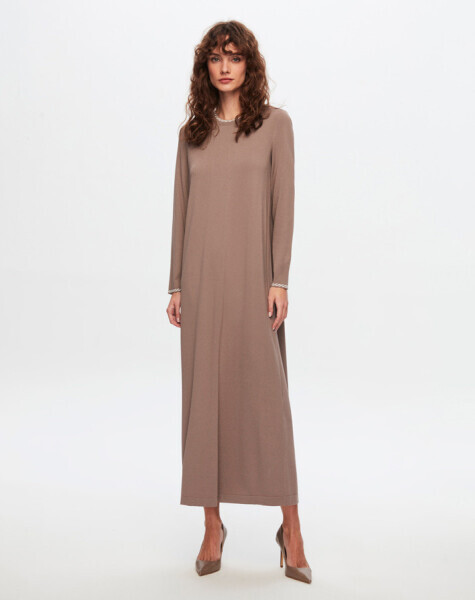 T24Y-4025 Yakası Ve Bileği Desenli Triko Elbise 002-MİNK - 2