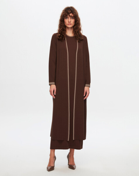 T24Y-4025 Yakası Ve Bileği Desenli Triko Elbise 1084-CACAO 