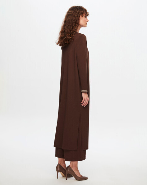 T24Y-4025 Yakası Ve Bileği Desenli Triko Elbise 1084-CACAO - 2