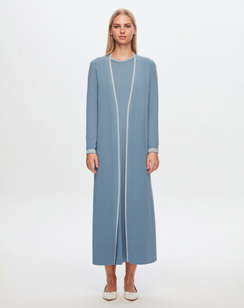 T24Y-4025 Yakası Ve Bileği Desenli Triko Elbise 1236-BLUE - 1