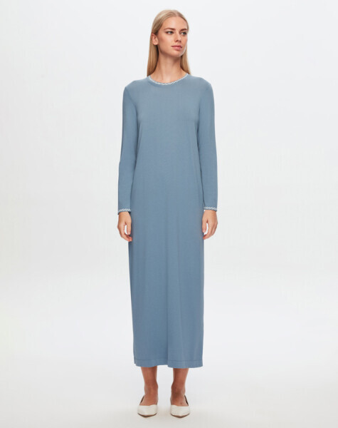 T24Y-4025 Yakası Ve Bileği Desenli Triko Elbise 1236-BLUE - 2