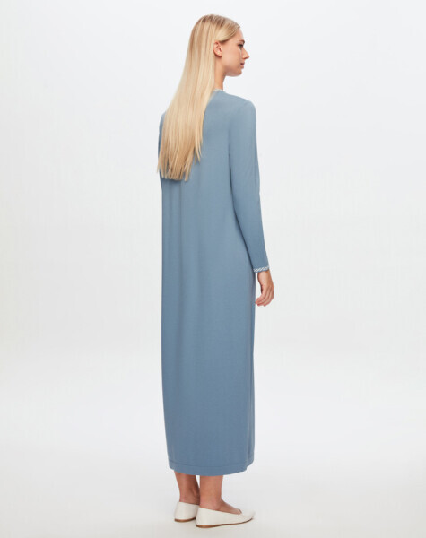T24Y-4025 Yakası Ve Bileği Desenli Triko Elbise 1236-BLUE - 3