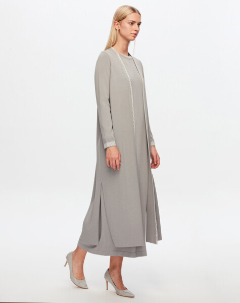 T24Y-4025 Yakası Ve Bileği Desenli Triko Elbise 1381-DARK GREY - 1