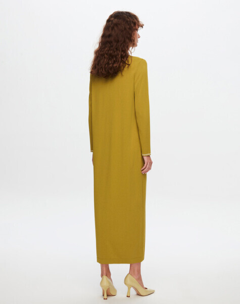 T24Y-4025 Yakası Ve Bileği Desenli Triko Elbise 1516-OLİVE - 2