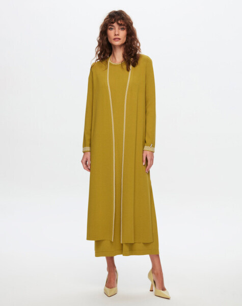 T24Y-4025 Yakası Ve Bileği Desenli Triko Elbise 1516-OLİVE 