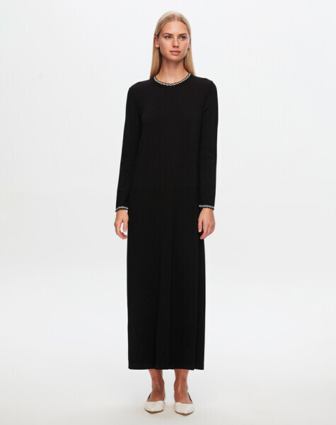 T24Y-4025 Yakası Ve Bileği Desenli Triko Elbise BLACK - 2