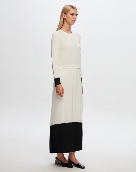 T24Y-4026 İki Renki Şifon -Triko Elbise 1012-ECRU - 1