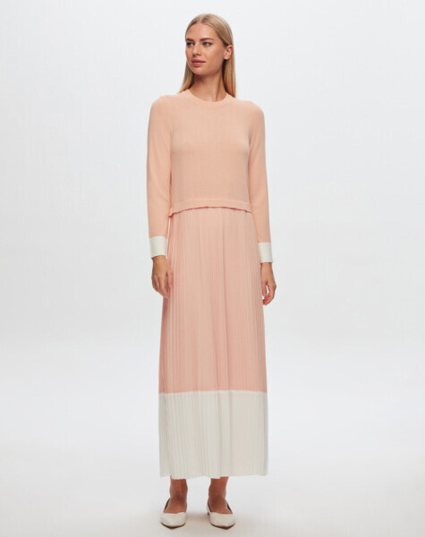 T24Y-4026 İki Renki Şifon -Triko Elbise 1293-SALMON - 1