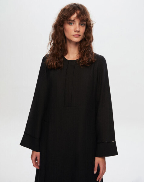 T24Y-4027 Pul Detaylı A Kesim Keten Elbise BLACK - 1