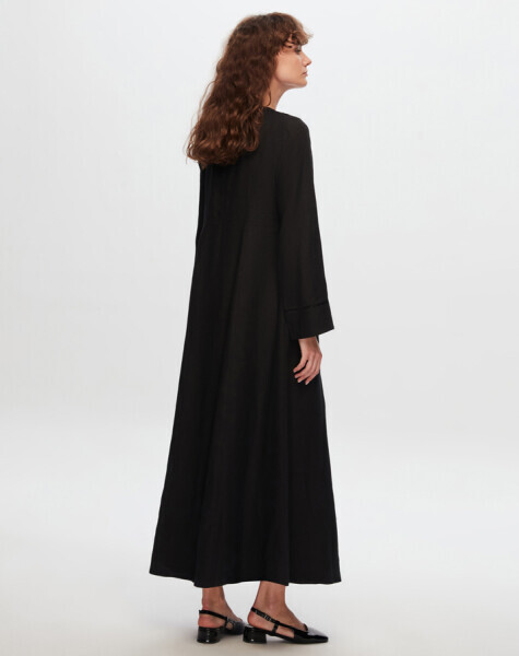 T24Y-4027 Pul Detaylı A Kesim Keten Elbise BLACK - 3