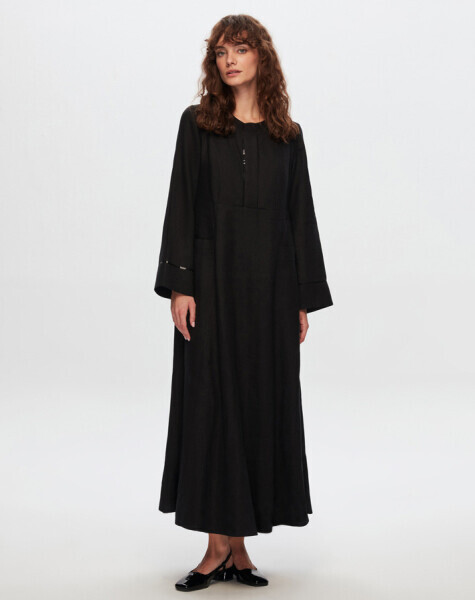 T24Y-4027 Pul Detaylı A Kesim Keten Elbise BLACK - 2