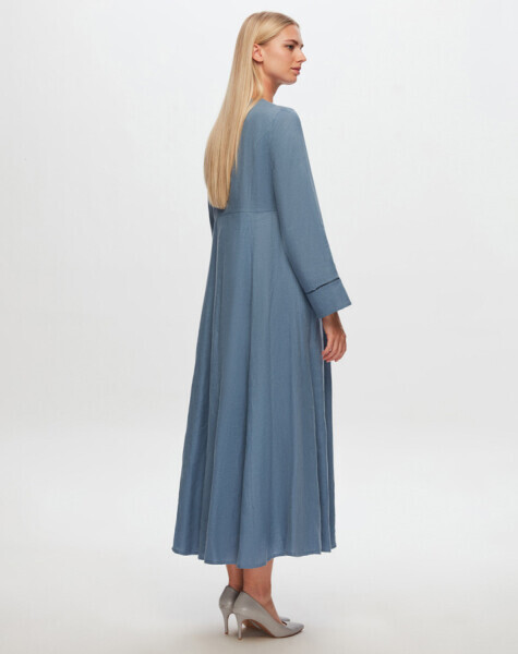 T24Y-4027 Pul Detaylı A Kesim Keten Elbise BLUE - 2